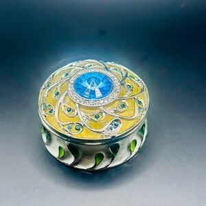Decorative Jewelry Box with Blue Crystal on White/Yellow Accents